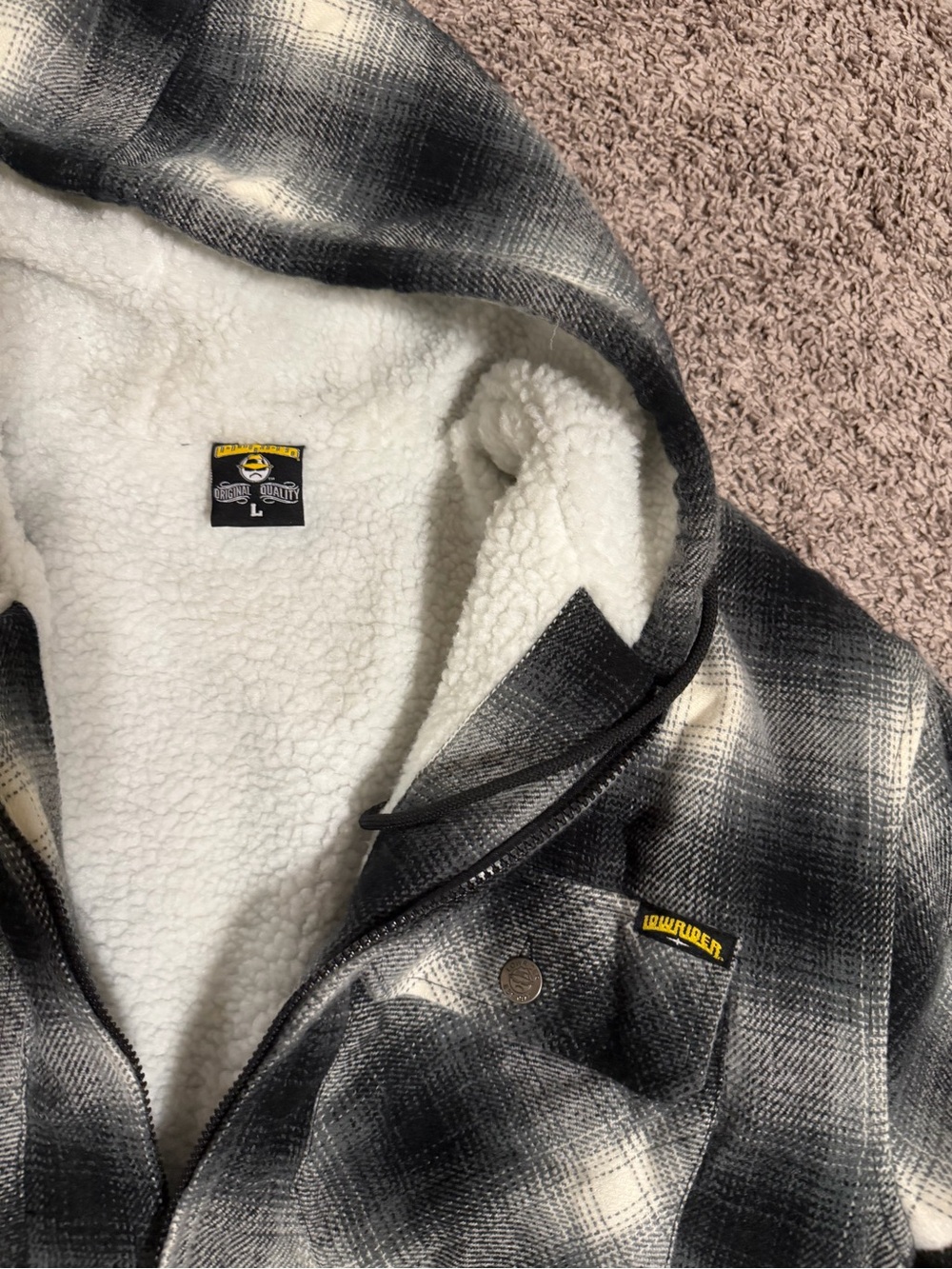 Wrangler Black and White Plaid Sherpa-Lined Hooded Jacket